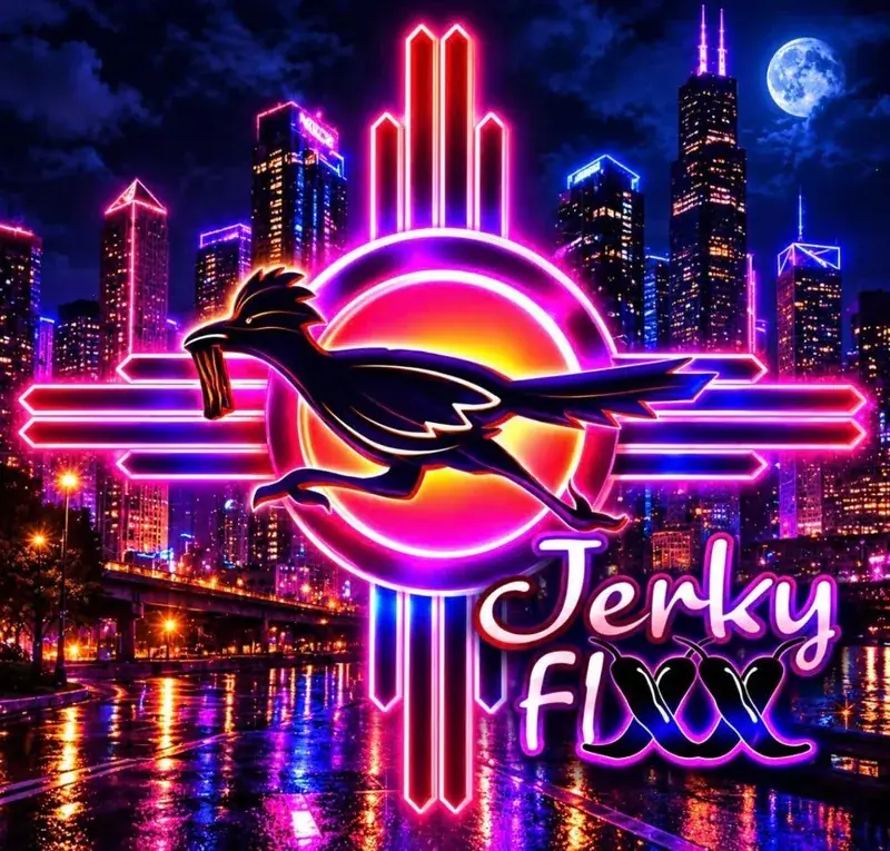 Neon Jerky Fixx roadrunner logo over a city skyline